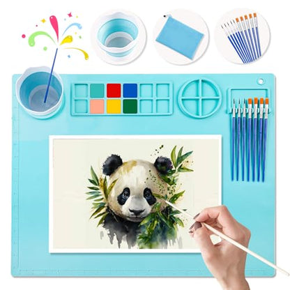 DIYDEC Silicone Craft Mat 20X16 Inch Large Silicone Art mat with Detachable Cup Painting Mat with 10 Painting Brushes Silicone Drawing Mat Sheets for Kids Adult DIY Accessories (Blue) - color: Blue