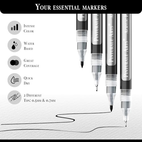 Pinturale Arts Extra Fine Tip Black Paint Pen | Set 4 Black Paint Pen Extra Fine Tip (0.7mm & 0.5mm) | For Ceramics, Rock Painting, Glass, Wood, Canvas, Metal - color: Black