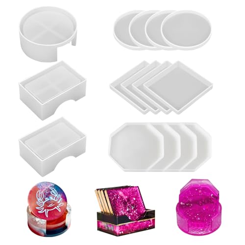 15 Pcs Coaster Resin Molds Silicone,Mold for Epoxy Resin Coaster Molds with Round Square Shape Holder Mold for Epoxy, for DIY Art Craft Cup Mats - color: 15 Pcs Coaster Resin Molds Silicone