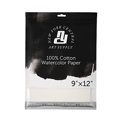 New York Central Watercolor Paper - 9x12-10 Sheets - 140 lb. Cold Press - 100% Cotton, Acid-Free, Archival Quality, Bright White Watercolor Paper Pad for Wet & Dry Media