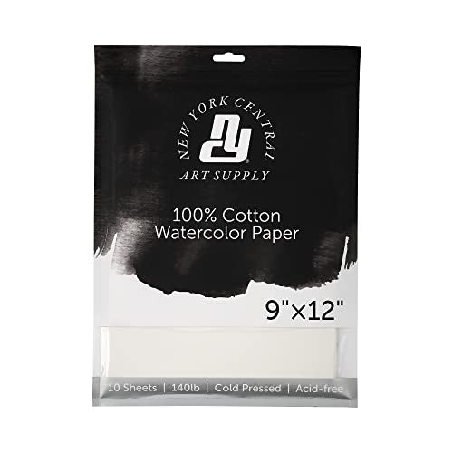 New York Central Watercolor Paper - 9x12-10 Sheets - 140 lb. Cold Press - 100% Cotton, Acid-Free, Archival Quality, Bright White Watercolor Paper Pad for Wet & Dry Media