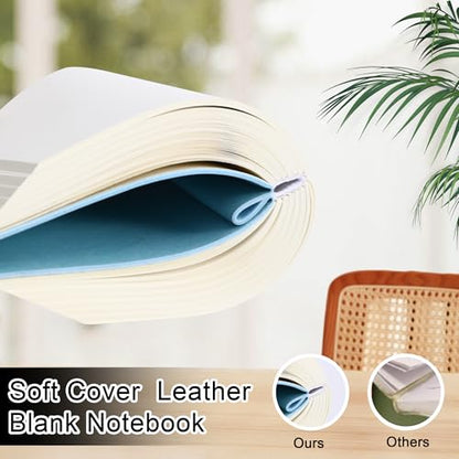 Thick Blank Journal Notebook 400Pages Sketch Book Blank Journal Unlined No Lines Soft Leather Cover A6 (3.9 × 5.5) Journal Leather Notepad Drawing Book Memo Writing Sketch Pad Diary Notebook - color: Sky Blue-400 Page
