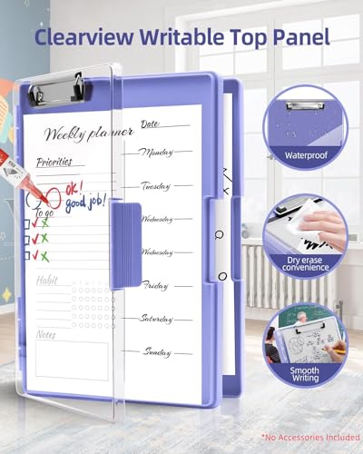 Clearview Clipboard with 2 Storage, Dry Erase 8.5x11 Heavy Duty ClipBoards - High Capacity Coaches Clip Board with Pen Holder - Side Opening Plastic Nursing Clip Case (Light Purple) - color: Light Purple