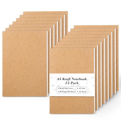 feela 15 Pack A5 Kraft Notebooks, 60 Lined Blank Pages Travel Journal Bulk, Soft Cover Notebooks for Women Girls Students, Making Plans Writing Memos Office School Supplies, 8.3 X 5.5 in - style: Lined-15 Pack