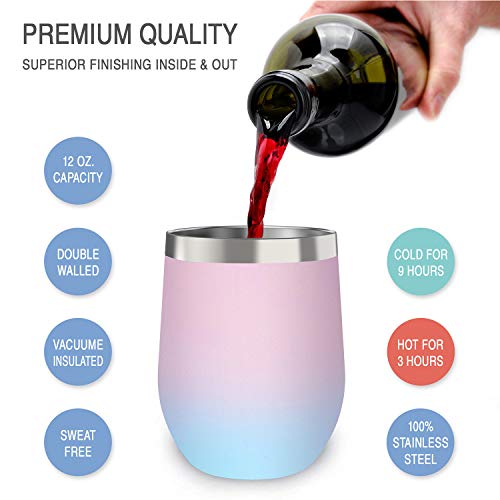 CHILLOUT LIFE 12 oz Stainless Steel Wine Tumbler with Lid - Double Wall Vacuum Insulated Wine Cup Glass Keeping Cold & Hot for Coffee, Champagne, Cocktails, Ice Cream - Powder Coated Pink/Teal - color: Cotton Candy, style: 1 Pack