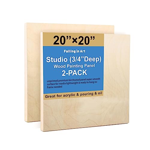 Unfinished Birch Wood Canvas Panels Kit, Falling in Art 2 Pack of 20 x20’’ Studio 3/4’’ Deep Cradle Boards for Pouring Art, Crafts, Painting, and More - size: 20*20 2-pack