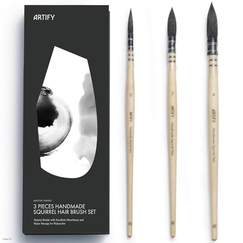 ARTIFY 3PCS Professional Natural Squirrel Hair Quill Round Fine Tip Detail Watercolor Brush Set | Ideal for Watercolor and Gouache Painting | Sizes #0, #2, #4 - color: Size #0, #2, #4