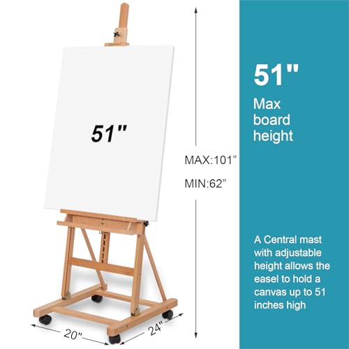 H-Frame Studio Easel, Beechwood Artist Easel with Wheels and Storage Tray, Adjustable Floor Easel Stand Holding Canvas up to 51Inches for Painting, Natural - style: Natural