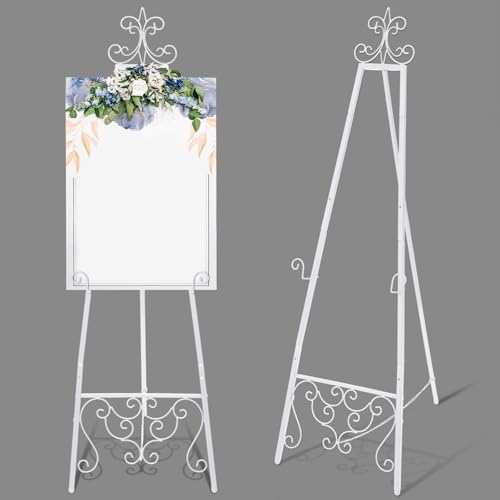 White Easel Stand for Wedding Sign, 55'' Adjustable Vintage Scroll Floor Display Stand with Chain Support for Welcome Poster, Photo, Art, Decorative Event Display - color: White, size: 55'' X 18.25''