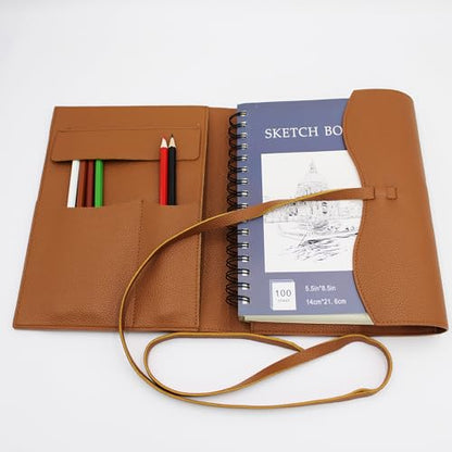 Drawing Book Cover Sketchbook Cover with Pencils Leather Artist Bag Artist Gifts Leather Art Book Cover for Sketchbook Journal Notebook (S for 5.5"x 8.5") - size: S for 5.5"x 8.5"