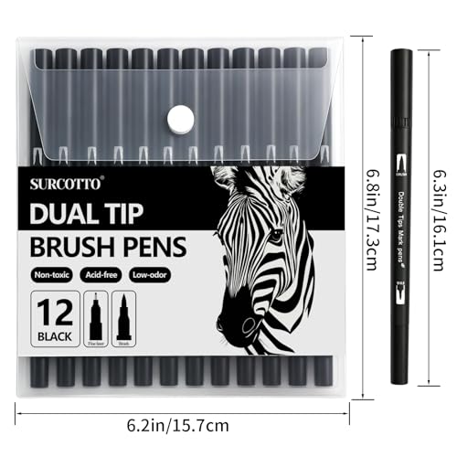 Surcotto Black Markers for Drawing,12 Pack Drawing Pens, Brush Pens with Felt Tips for Artists, Dual Tip Brush Fineliners Pens, Calligraphy Pens, for Art Drawing Sketching Journaling, Black
