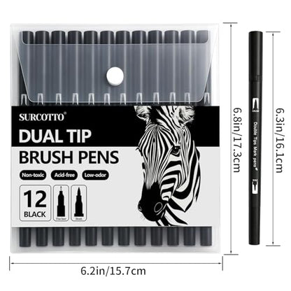 Surcotto Black Markers for Drawing,12 Pack Drawing Pens, Brush Pens with Felt Tips for Artists, Dual Tip Brush Fineliners Pens, Calligraphy Pens, for Art Drawing Sketching Journaling, Black