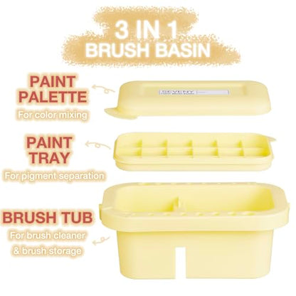 SEVENY Paint Brush Cleaner, Holder & Organizer with Palette, Yellow | Acrylic, Watercolor, Water-Based Paints - color: Yellow