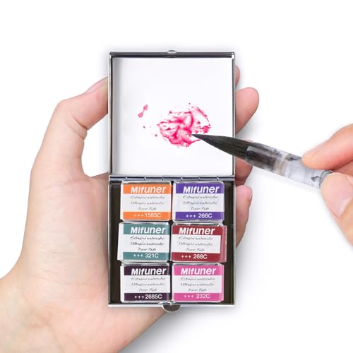 Mini Portable Handmade Artist Watercolor Paint Travel Metallic Box Set with 6 Solid Watercolor Half Pans (Each Capacity Approx 1.5ml) Pearlescent.Mix Color 04 - color: Solid Watercolor--mix Color 04