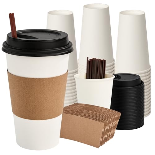 RACETOP 16 oz 100 Pack Disposable Paper Coffee Cups with Lids, Sleeves and Stirrers, Hot Cups, Paper Cups with Lids, Sleeves and Stirrers, Ideal for Home/Office - size: 16 oz