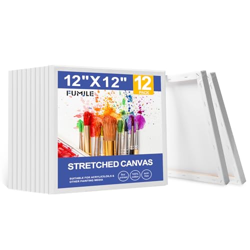 FUMILE Stretched Canvas for Painting 12x12, 12 Pack Square Canvases for Painting-5/8 in Profile Primed White Blank Painting Canvas Value Pack for Oil & Acrylic Paint - size: 12x12IN