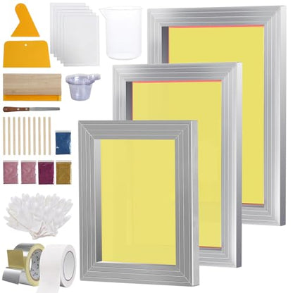 Happybuy Screen Printing Kit, 3 Aluminum Frames, 5 Glitters, Squeegees & Transparency Films, 6x10/8x12/10x14 Inch, 110 Mesh Count for DIY T-Shirt Printing