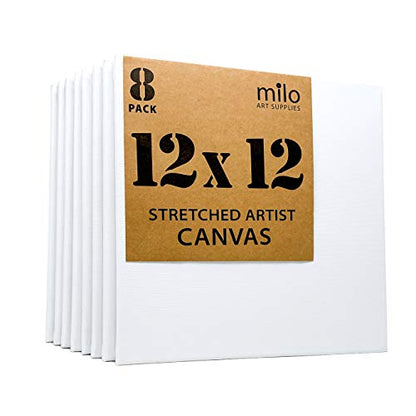 milo Stretched Artist Canvas | 12x12 inch | Value Pack of 8 Canvases for Painting, Primed & Ready to Paint Art Supplies for Acrylic, Oil, Mixed Wet Media, & Pouring, 100% Cotton with Pine Wood Frame - size: 12" x 12"