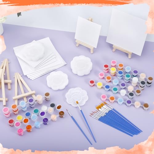 24 Set Canvas and Easel for Painting, 24Pcs 6x6In Canvas Boards and Easel, 24Pcs 12 Colors Acrylic Paint Strips,48 Brushes,24 Palettes, Washable Acrylic Set for Crafts Painting Party Favors