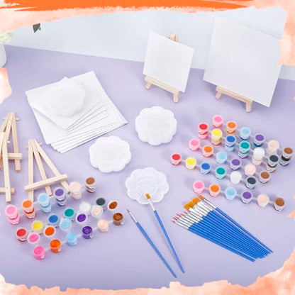 24 Set Canvas and Easel for Painting, 24Pcs 6x6In Canvas Boards and Easel, 24Pcs 12 Colors Acrylic Paint Strips,48 Brushes,24 Palettes, Washable Acrylic Set for Crafts Painting Party Favors