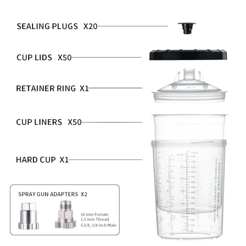 AEROPRO Tools Disposable Paint Cups Liners and Lid System, 50 Pack 28 Ounce (800ml) Kit for Spray Gun-50 Cup Liners, 50 Lids with Strainer, 1 Hard Cup with Retainer Ring, 20 Plugs, 2 Cup Adapters - size: 28 oz (Large)