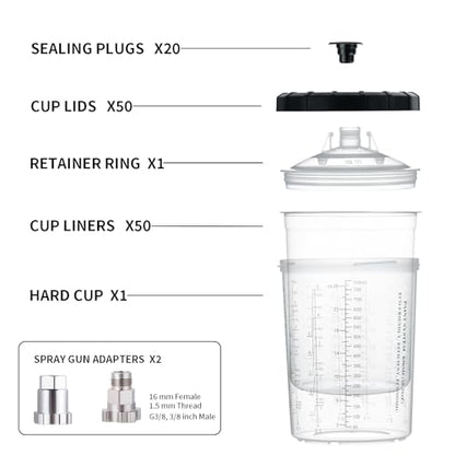 AEROPRO Tools Disposable Paint Cups Liners and Lid System, 50 Pack 28 Ounce (800ml) Kit for Spray Gun-50 Cup Liners, 50 Lids with Strainer, 1 Hard Cup with Retainer Ring, 20 Plugs, 2 Cup Adapters - size: 28 oz (Large)