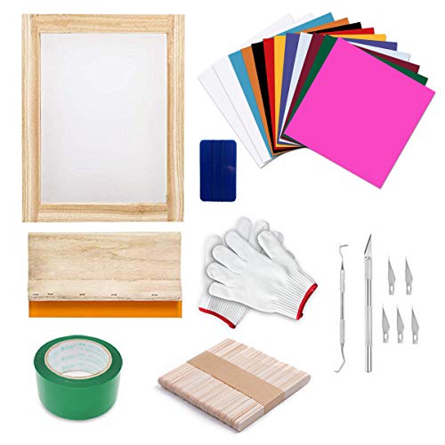 Goaup Vinyl Screen Printing Kit, Include Screen Printing Frame, 10 Pcs Adhesive Vinyl Sheets, 2 Pcs Transfer Tape for Vinyl and Other Accressories
