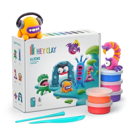 HEY CLAY Set - Colourful Modeling Air Dry Clay Kit for Kids 15 cans and Sculpting Tools with Fun Interactive Instructions App - Children 3+ (Aliens) - style: Aliens