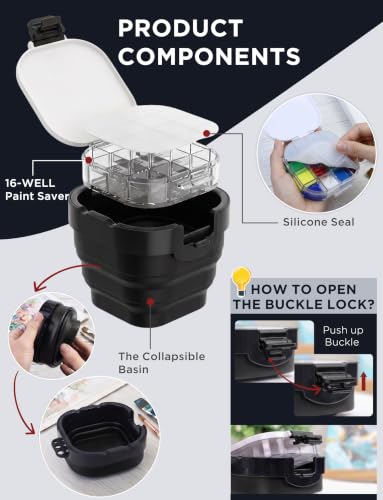 16-Well Airtight Gouache Palette Box with Lid & Foldable Water Cup, Black | Compact Travel Design, Refillable Paint Storage Suitable for Watercolor & Acrylic - color: Black