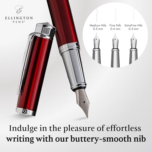 Ellington Pens Luxury Fountain Pen Set - Smooth Medium Nib- Includes 3 Ink Cartridges, Refillable Ink Converter, Gift Box- Fountain Pens For Writing, Calligraphy, Journaling, Sketching (Scarlet Slate) - color: Scarlet Slate, style: Medium