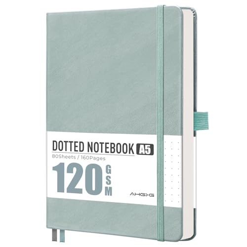 AHGXG Dotted Journal Notebook, 160 Numbered Pages, A5 Medium Size (5.7'' x 8.3''), 120 GSM Thick Paper, Leather Hardcover, for Journaling, Planning, Tracking (Gray Blue) - color: Gray Blue, style: Dotted