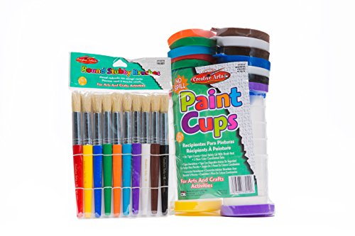 Charles Leonard Paint Cups + Lids and Round Stubby Paint Brush Set, Assorted Colors, 10 Cups & Brushes per Set (73000) - color: Assorted, size: 10-Pack, style: Round Tip with Paint Cups