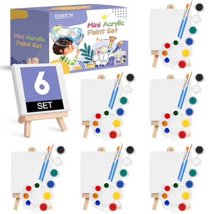 ESRICH 6 Set Mini Acrylic Paint Kit, Minis Stretched Canvas with Easel, Acrylic Paint Strips, Paint Palettes, Painting Brushes, Mini Canvas and Easel Set for Kids Artists Beginner, Gift
