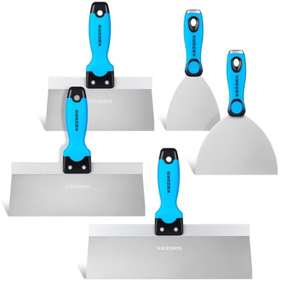 KEZERS Drywall Hand Tool Kit, 5 Pieces 4" 6" 8" 10" 12" Stainless Steel Drywall Knife with Metal Hammer End, includes Putty Knife, Taping Knife with Ergonomic Grip for Drywall Work