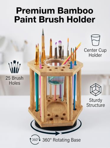 Paint Brush Holder Bamboo Paint Brush Holder,Rotating Watercolor Paint BrushHolder Display Stand and Organizer with 24Holes and 1 Big Hole for Desk, Arts and Crafts (1PCS)