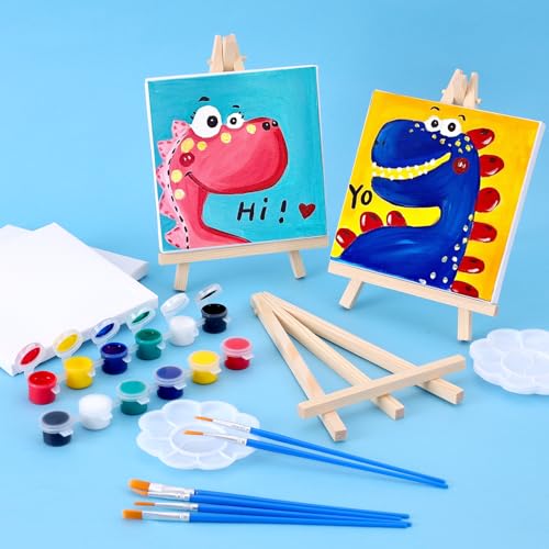 ESRICH 8 Set Mini Acrylic Paint Kit, 5in Mini Stretched Canvas with 7.5in Easel, Acrylic Paint Strips, Paint Palettes, Painting Brushes, Small Canvas and Easel Set for Kids Artists Beginner, Gift - size: 8 set 5 x 5 inches