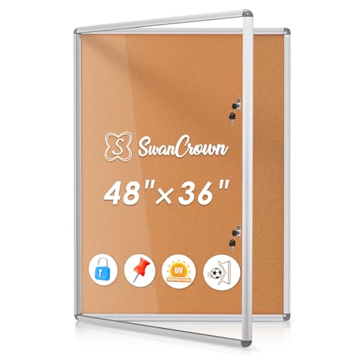 SWANCROWN 48x36 in Enclosed Bulletin Board, Locking Display Case 16xA4 | Tamperproof, Shatterproof, 2 Locks, Smooth Corkboard, Silver Aluminum Frame, Wall Message Center for Office, School, Business - color: Sliver-c, size: 48x36 in