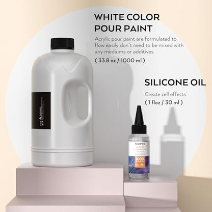 Nicpro Titanium White Color Acrylic Pour Paint, 33.8 Ounce Pre-Mixed Pouring Paint Supplies with Silicone Pour Oil & Gloves for Canvas, Rock, Wood Cell Creation Flow DIY Art Painting, Ready to Pour - color: 33.8oz-white
