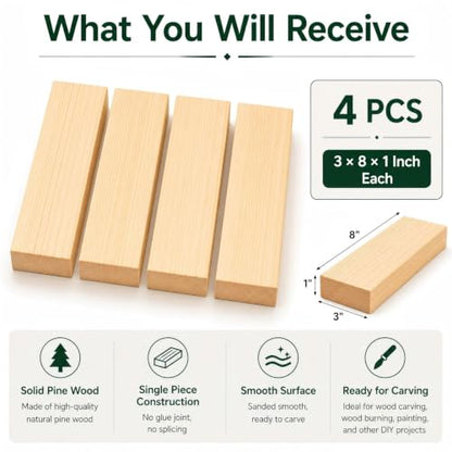 Unfinished Wood Blocks for Carving, 4 Pcs 3 x 8 x 1 Inch Solid Wood Blocks for Whittling, Engraving, Painting and DIY Crafts - size: 3x8x1 Inch