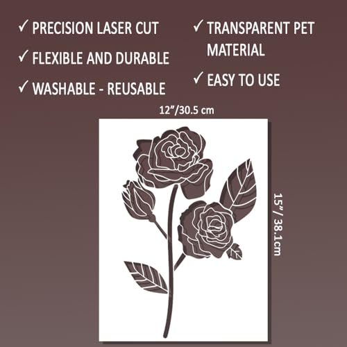 Large Rose Stencil - Flower Stencils for Painting on Wood, Canvas, Paper, Fabric, Wall, Furniture - Stencils for Crafts Reusable for Art & Pattern Template - Floral Stencil (12x15 inch) - style: Rose 12x15 Inch