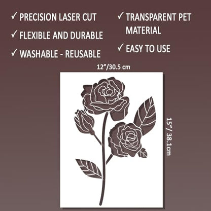 Large Rose Stencil - Flower Stencils for Painting on Wood, Canvas, Paper, Fabric, Wall, Furniture - Stencils for Crafts Reusable for Art & Pattern Template - Floral Stencil (12x15 inch) - style: Rose 12x15 Inch