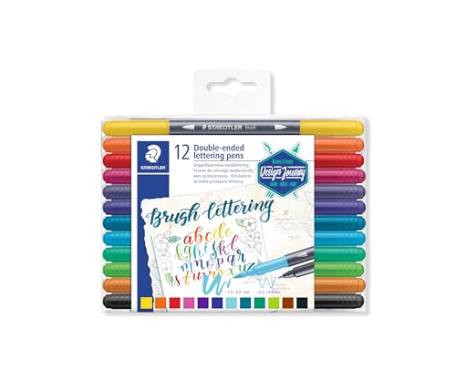 Staedtler Double-ended Brush Marker Brush Letter Duo, Creative Lettering, Flexible and Fine Tip, Blendable Ink, Set of 12 Assorted Colors, 3004TB12A6