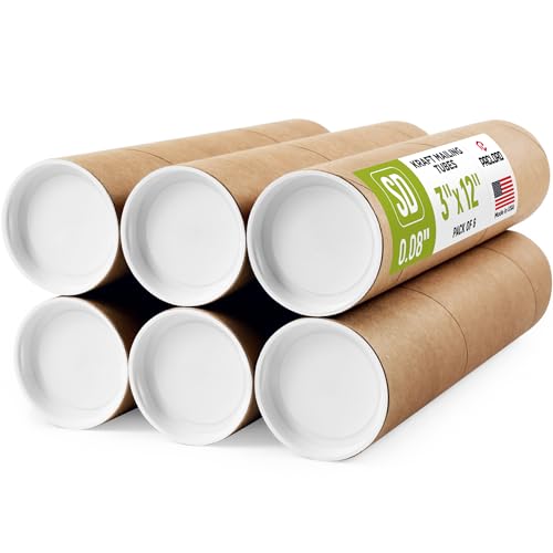 3" x 12" Reinforced Kraft Paper Mailing Tubes, Pack of 6 Tubes with 2 Caps Each – USPS Approved Poster Tube – Made in USA Cardboard Tube for Shipping and Storing Posters, Prints, Artwork, or Documents - color: Standard-Duty, size: 3" x 12"