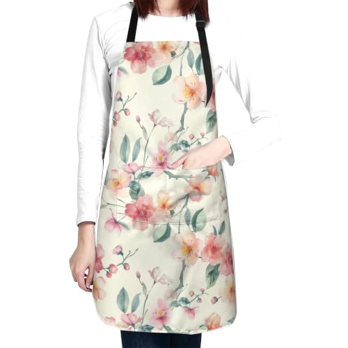 Cream Pastel Wildflower Art Waterproof Apron with Pockets | Garden Aprons for Men Women Adjustable Bib Apron for Cooking Kitchen Baking BBQ Painting Housework Oil Resistant - color: Blush Blossom Watercolor