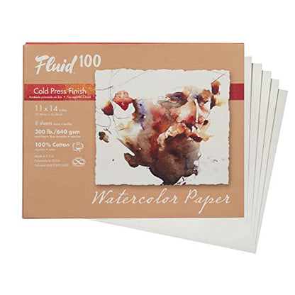 Fluid 100 Artist Watercolor Paper, 100% Cotton Cold Press, 11 x 14 Pochette, 8 Sheets, 300 lb (640 GSM) for Painting and Wet Media - size: 11 x 14 (300 lb)