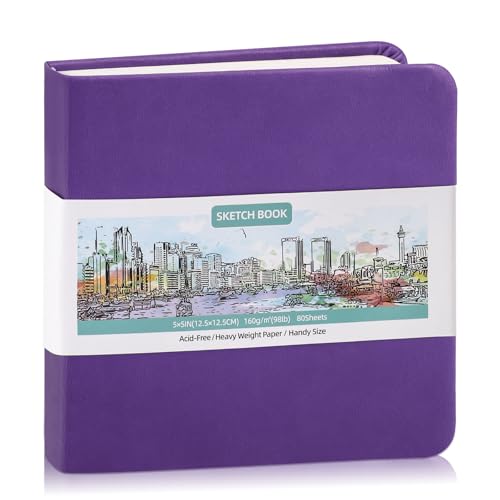 Hardcover Pocket Sketchbook, 5" x 5" Square Mini Sketchbook, 98lb/160gsm Heavyweight Tiny Sketch Book, 80 Sheets Small Travel Drawing Journal for Adults, Artist, Ideal for Gift (Purple) - color: Violet