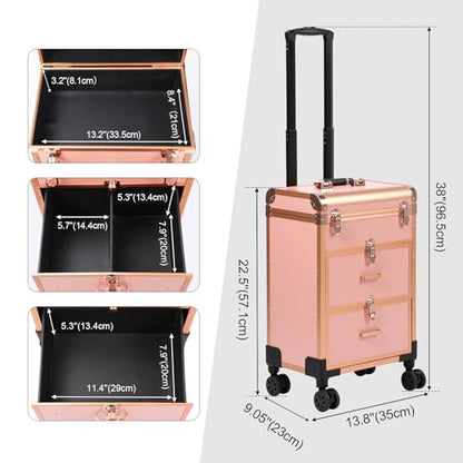 3 in 1 Rolling Makeup Case, Professional Cosmetology Case on Wheels, Detachable Clear Makeup Bag & Nail Polish Organizer, Portable Makeup Trolley with Drawers for Makeup Artists & Nail Technicians - color: Rose Golden