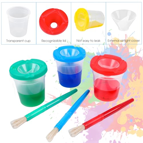 DIYASY No Spill Paint Cups with Lids, 10 Pcs Spill Proof Painting Containers and 10 Round Paint Brushes Kids Art Craft Class Home Supplies 10 Colors