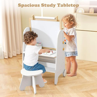 INFANS Easel for Kids with Stool, 4-in-1 Double-Sided Adjustable Magnetic Chalkboard with Paper Roll, Bookshelves, Wheels, Wooden Standing Painting Drawing Art Board for Boys Girls - style: White