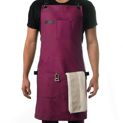 Asaya Chef and BBQ Apron with Bottle Opener and Hand Towel - 10oz Cotton Canvas, Stainless Steel Hardware - Cross Back Straps - color: Burgundy